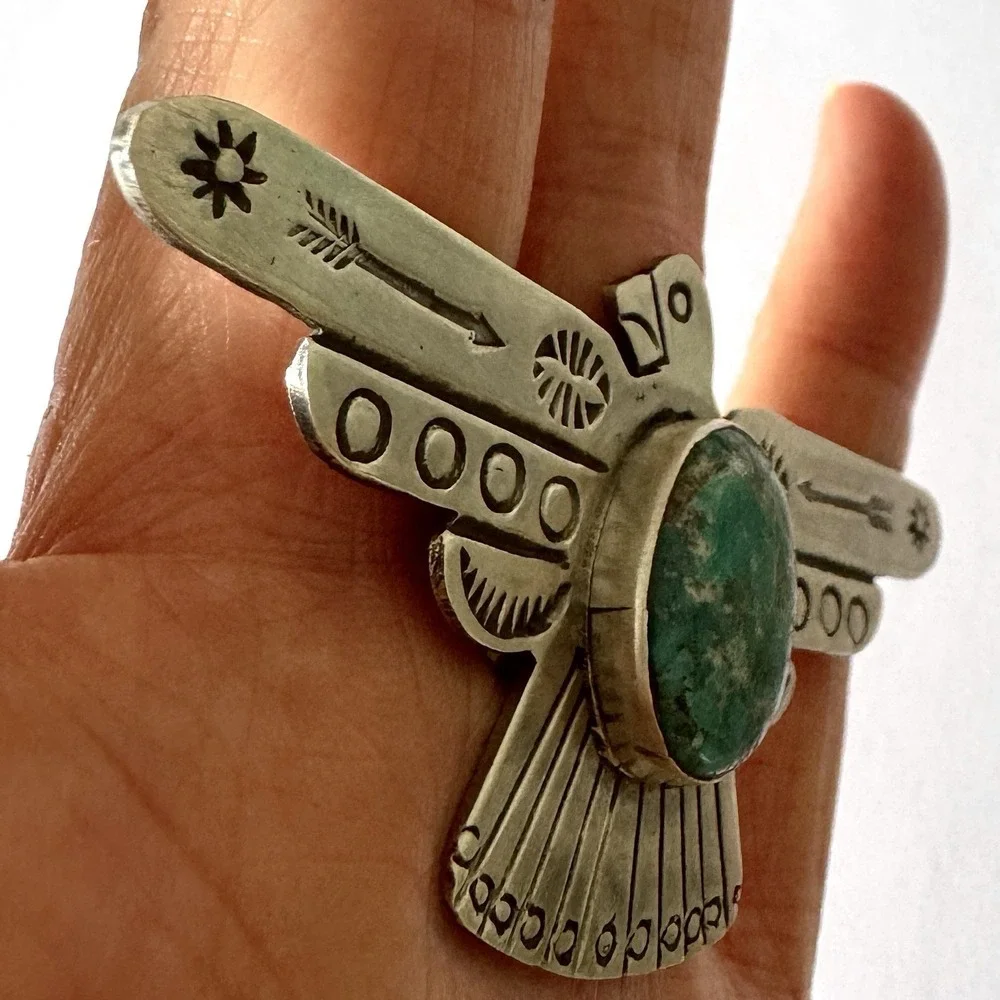HUGE Navajo Turquoise Thunderbird Ring Sz 8 Stamped Sterling Silver Signed James